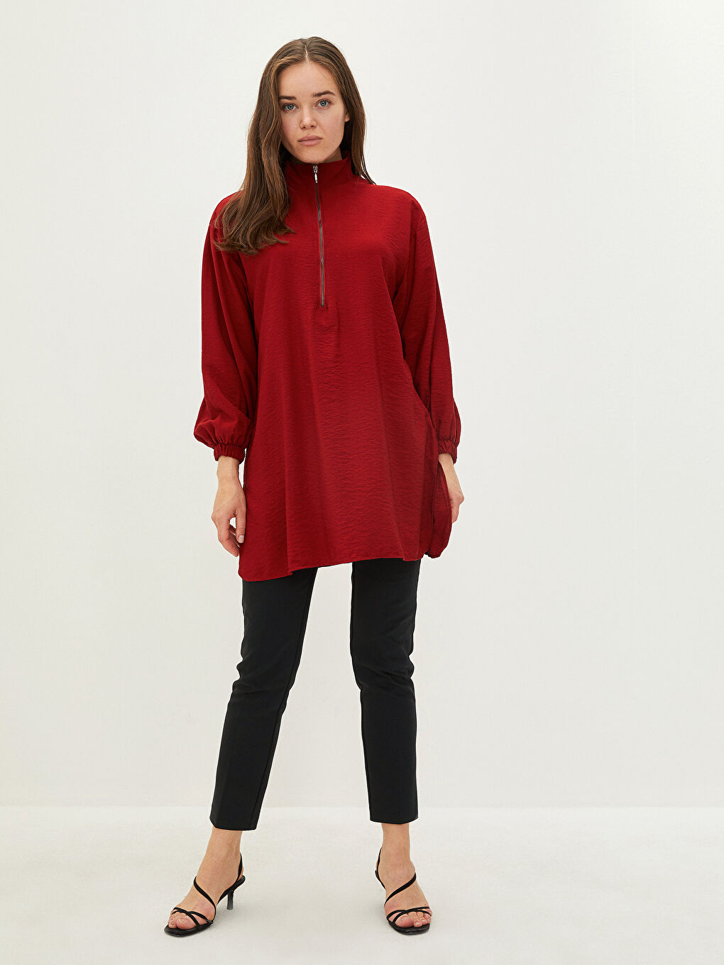 Bordo Dik Yaka Düz Uzun Kollu Kadın Tunik-4