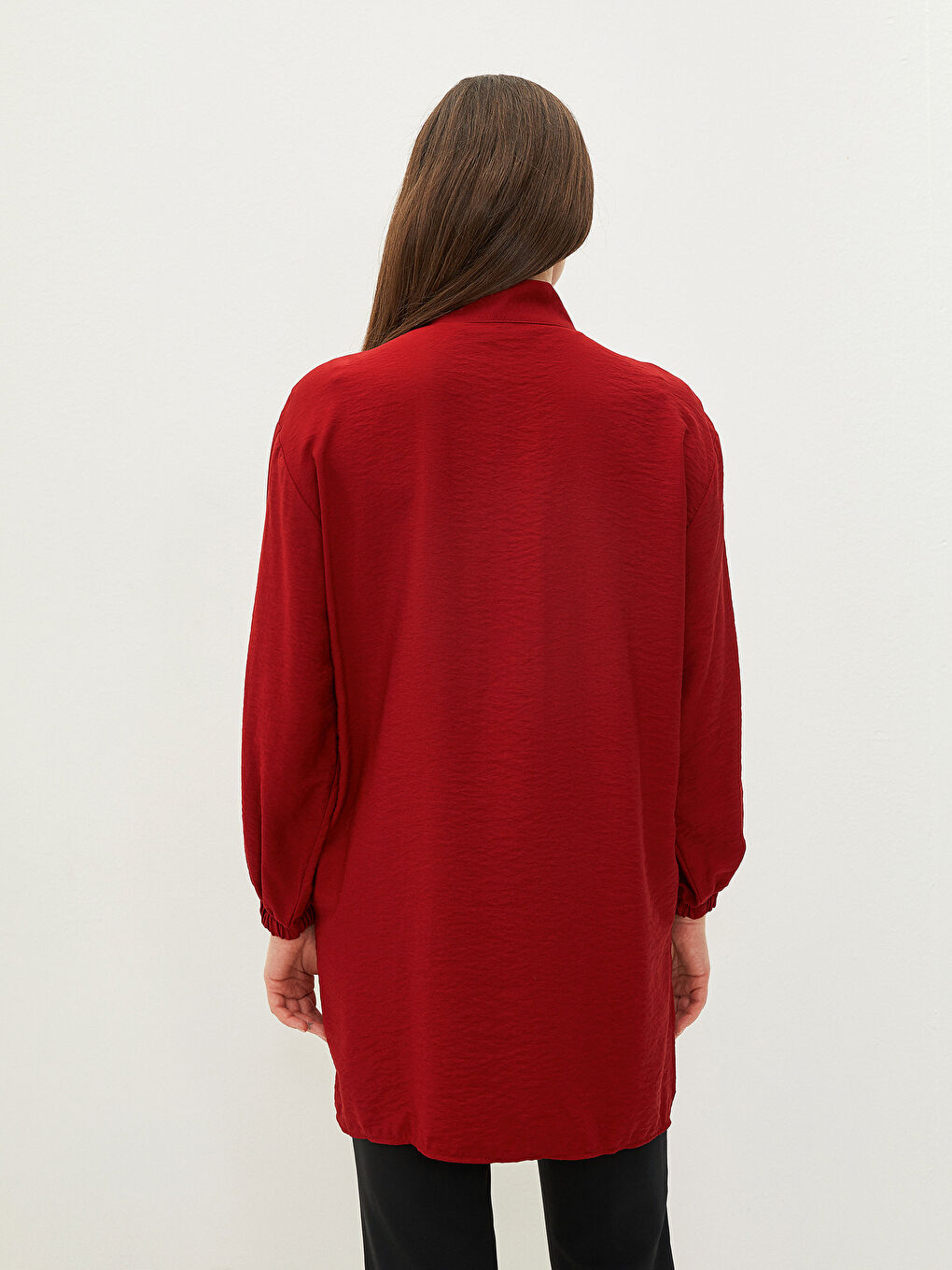 Bordo Dik Yaka Düz Uzun Kollu Kadın Tunik-5