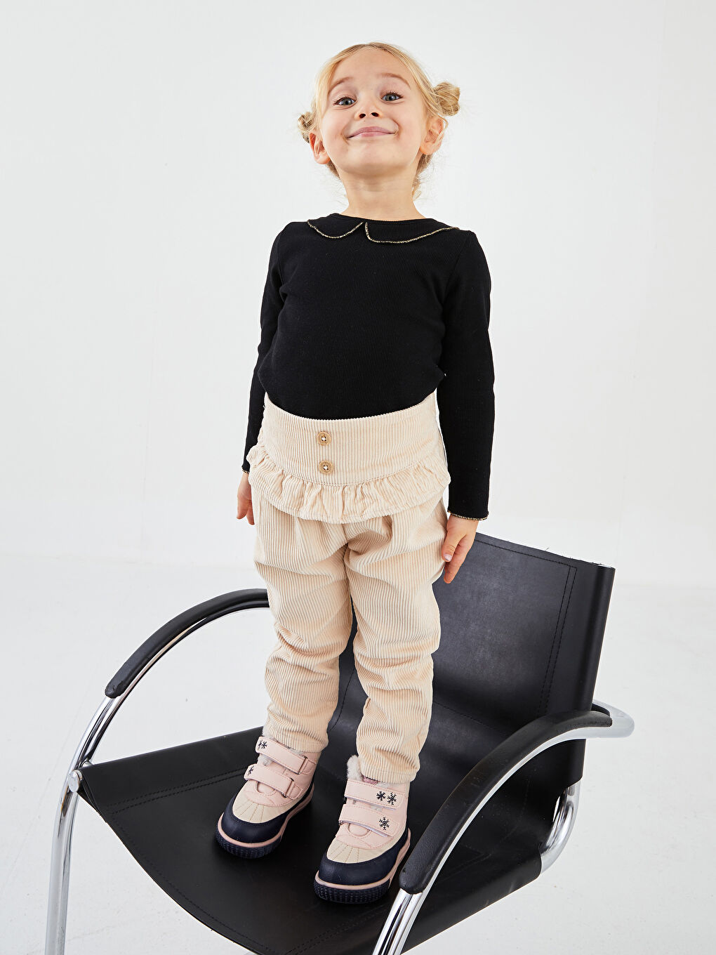 Bej Beli Lastikli Kadife Kız Bebek Pantolon-2