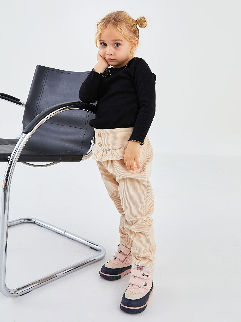 Bej Beli Lastikli Kadife Kız Bebek Pantolon-1