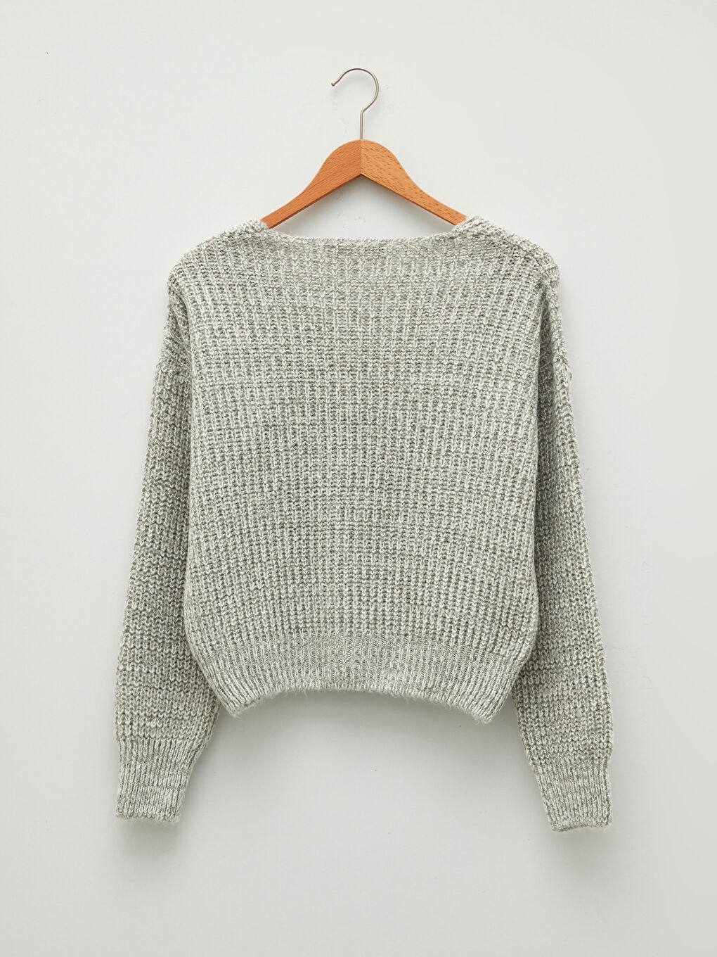 Gri V Yaka Düz Uzun Kollu Kadın Triko Kazak-5