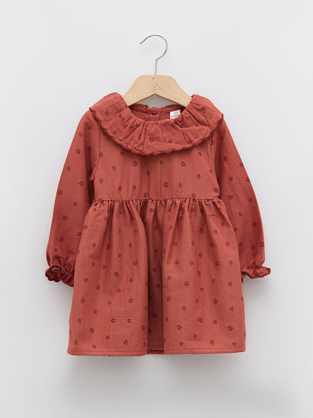 Pembe Bisiklet Yaka Uzun Kollu Pamuklu Baskılı Kız Bebek Elbise