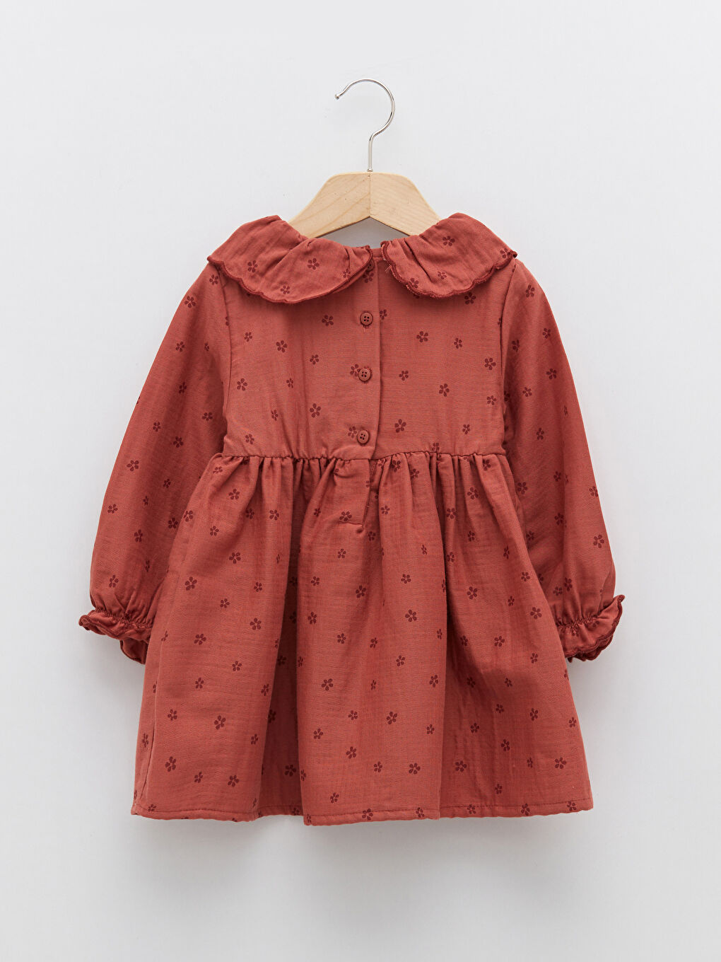 Pembe Bisiklet Yaka Uzun Kollu Pamuklu Baskılı Kız Bebek Elbise-1