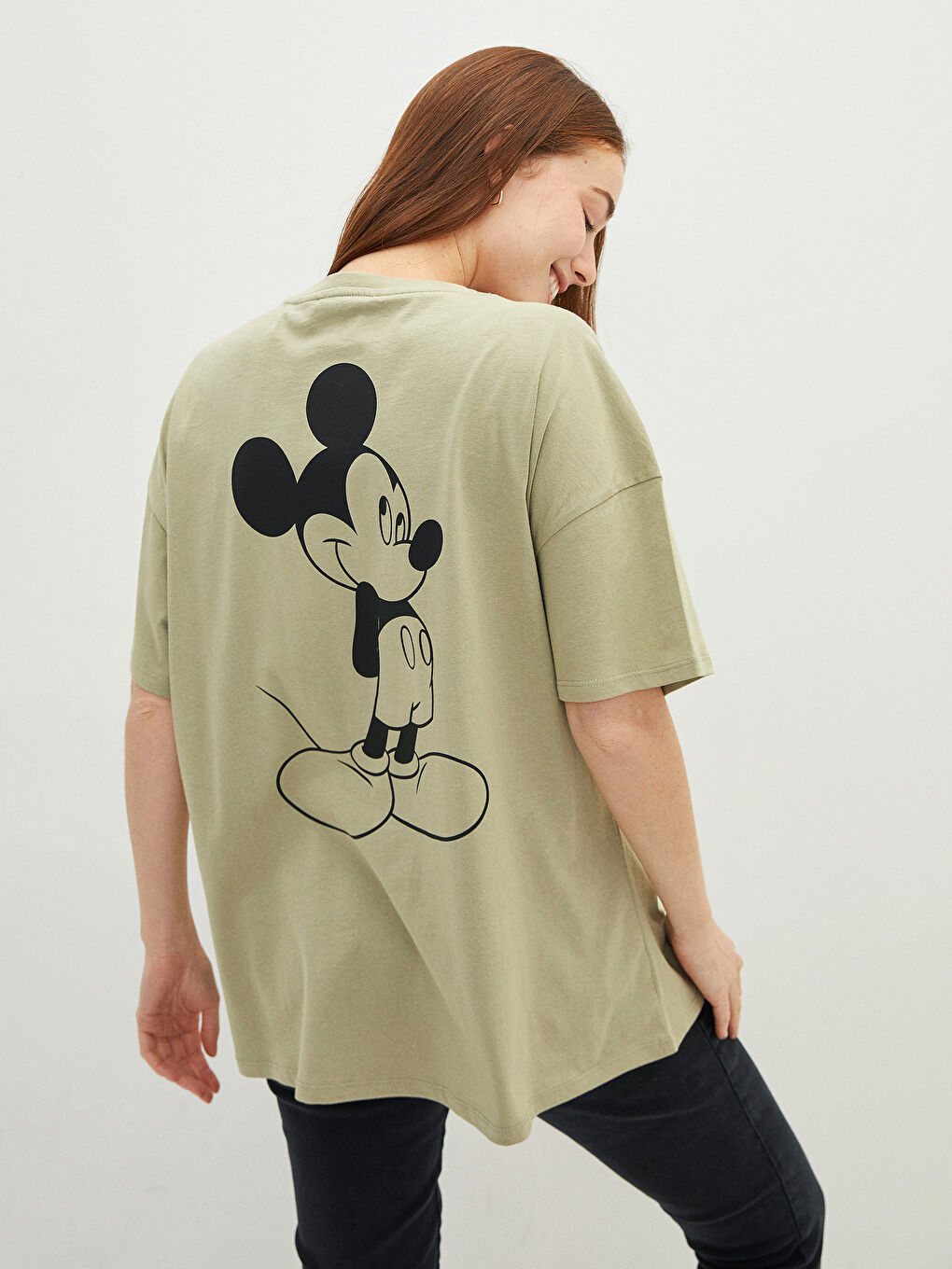 Yeşil Bisiklet Yaka Mickey Mouse Baskılı Kısa Kollu Pamuklu Hamile Tişört-1