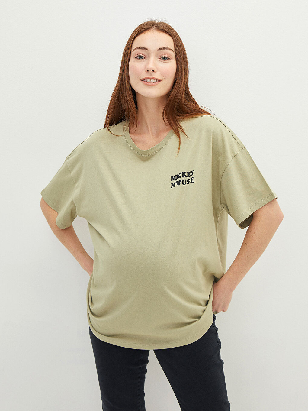 Yeşil Bisiklet Yaka Mickey Mouse Baskılı Kısa Kollu Pamuklu Hamile Tişört-3