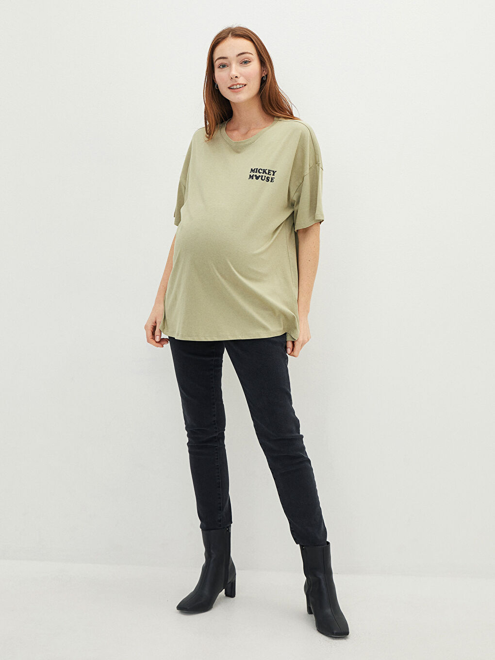 Yeşil Bisiklet Yaka Mickey Mouse Baskılı Kısa Kollu Pamuklu Hamile Tişört-5