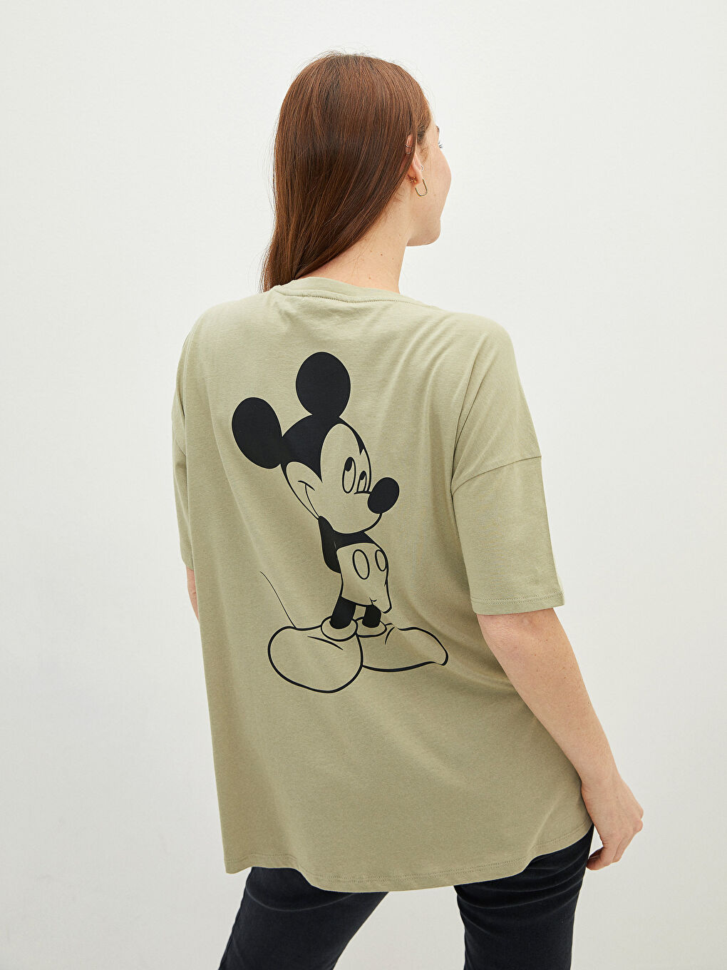 Yeşil Bisiklet Yaka Mickey Mouse Baskılı Kısa Kollu Pamuklu Hamile Tişört-7