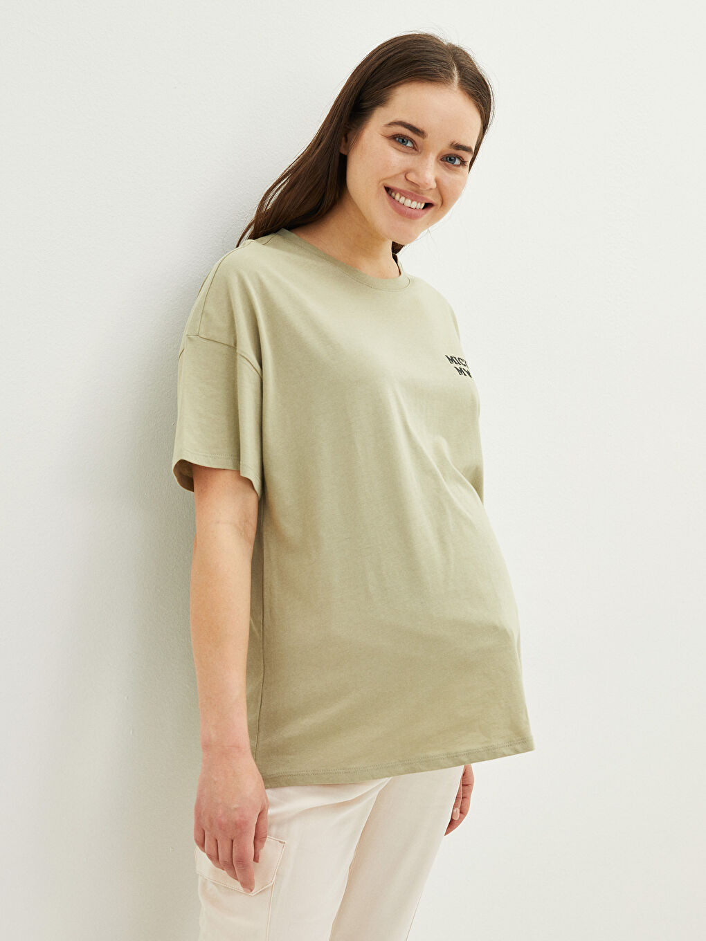 Yeşil Bisiklet Yaka Mickey Mouse Baskılı Kısa Kollu Pamuklu Hamile Tişört