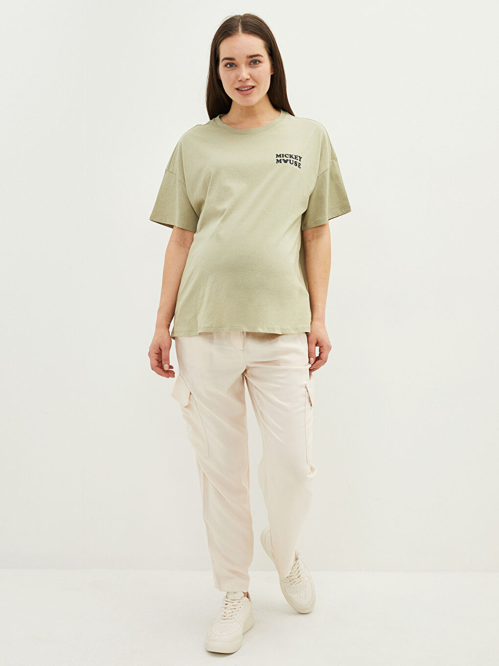 Yeşil Bisiklet Yaka Mickey Mouse Baskılı Kısa Kollu Pamuklu Hamile Tişört-4