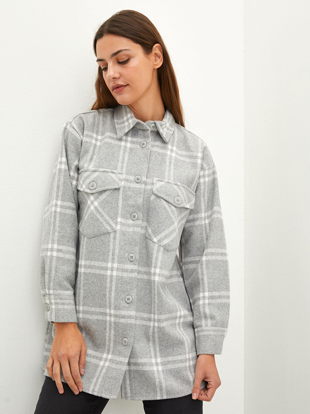 LCW Modest Plaid Long Sleeve Oversize Flannel Women's Shirt Tunic -W1HN99Z8-LMK