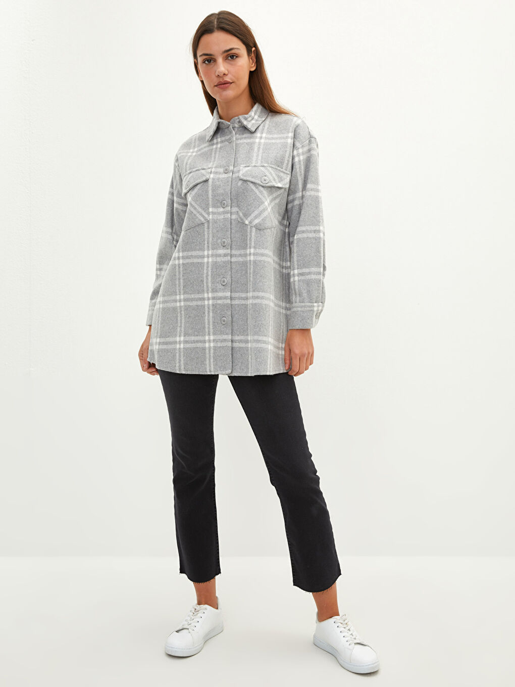 LCW Modest Plaid Long Sleeve Oversize Flannel Women's Shirt Tunic -W1HN99Z8-LMK