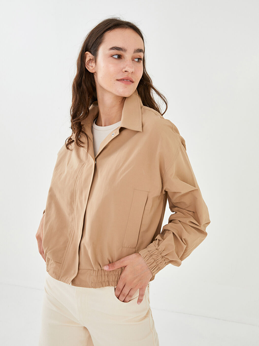 Shirt Collar Straight Pocket Detailed Long Sleeve Slim Women's Coat