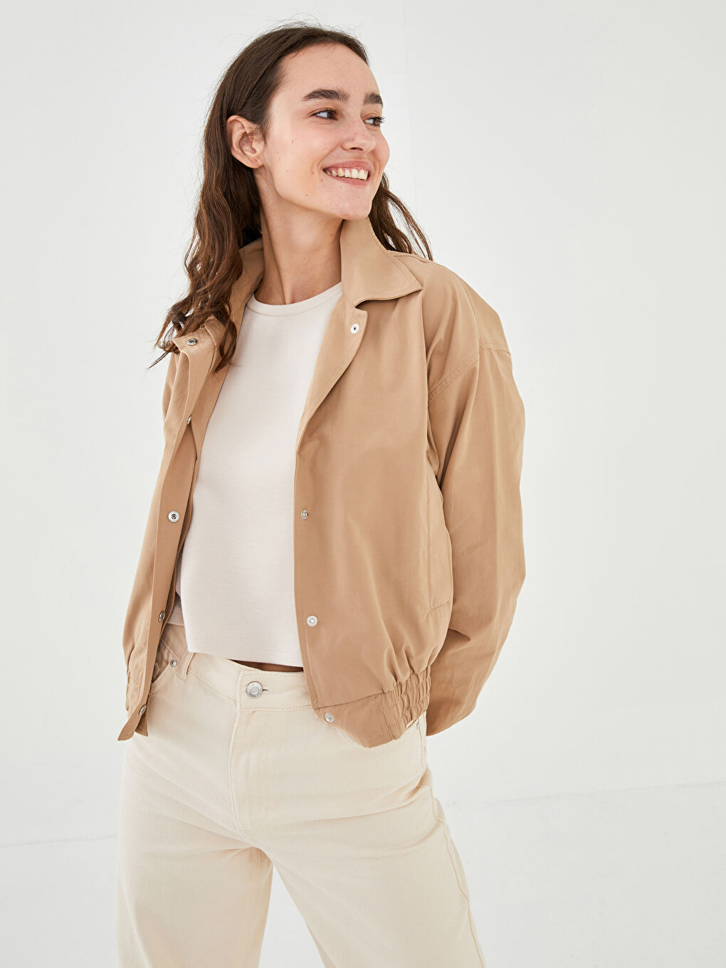 Shirt Collar Straight Pocket Detailed Long Sleeve Slim Women's Coat-1