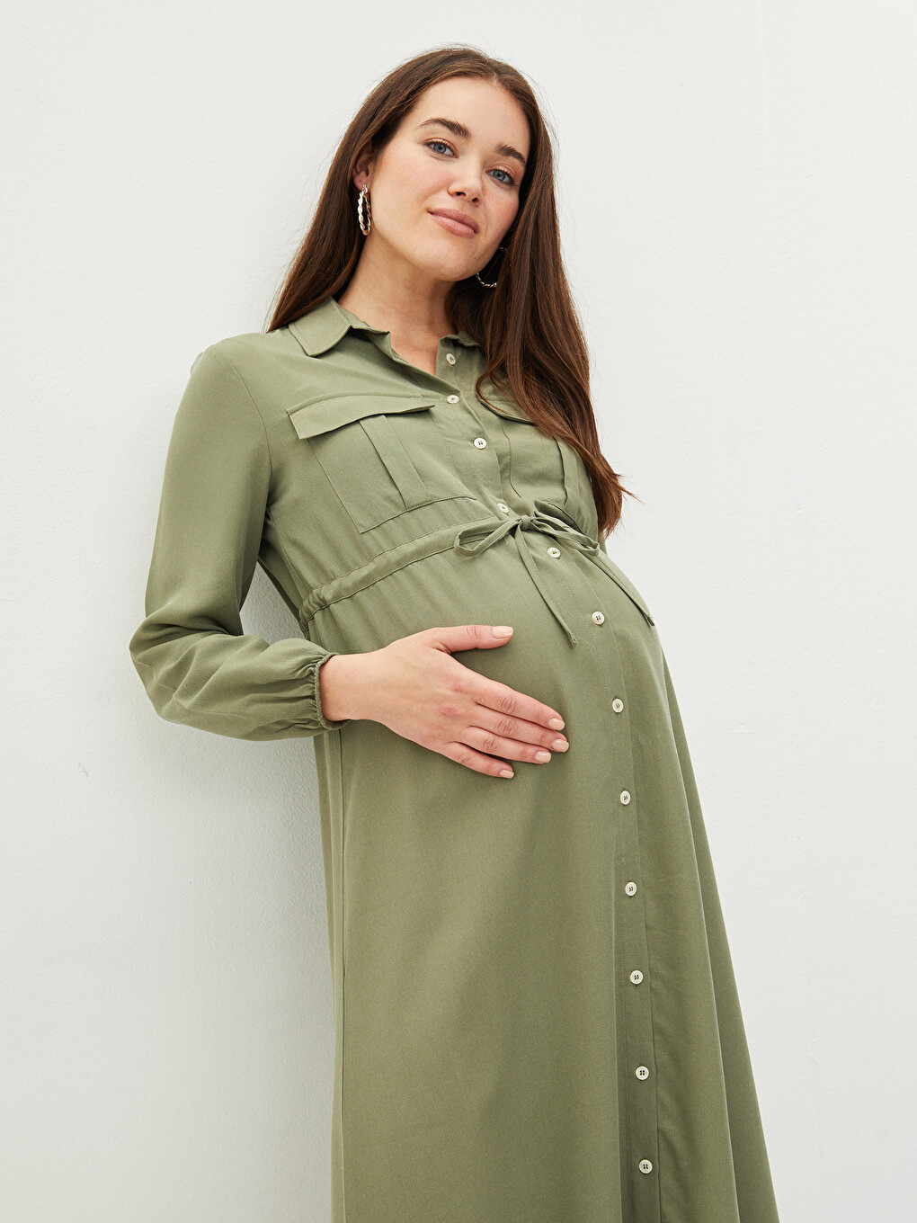 Shirt Collar Plain Tie Detailed Long Sleeve Maternity Dress