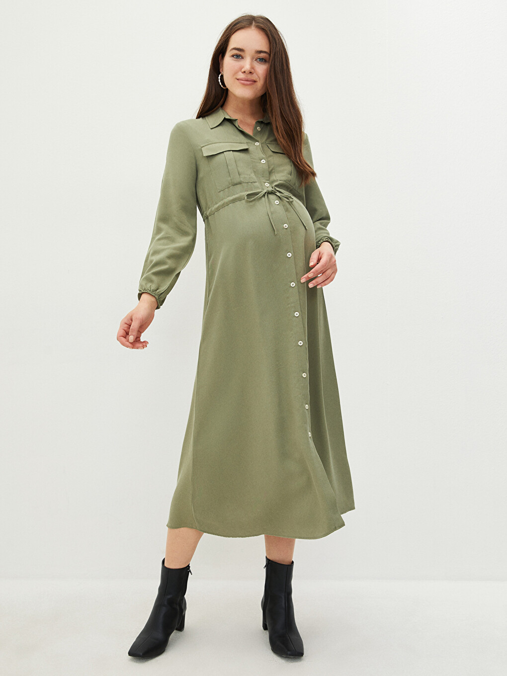 Shirt Collar Plain Tie Detailed Long Sleeve Maternity Dress-1
