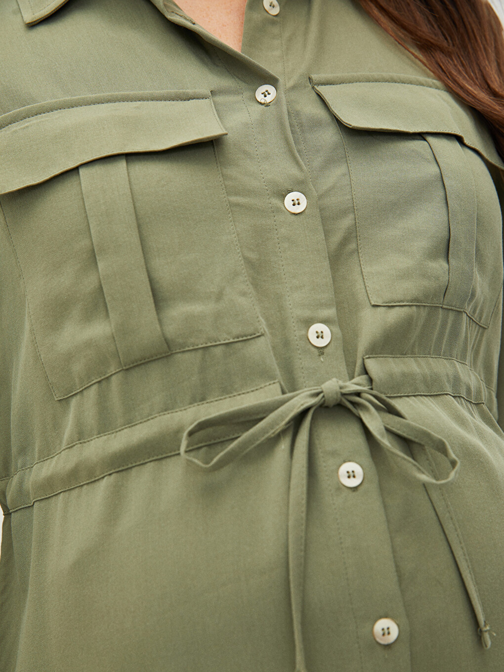 Shirt Collar Plain Tie Detailed Long Sleeve Maternity Dress-2