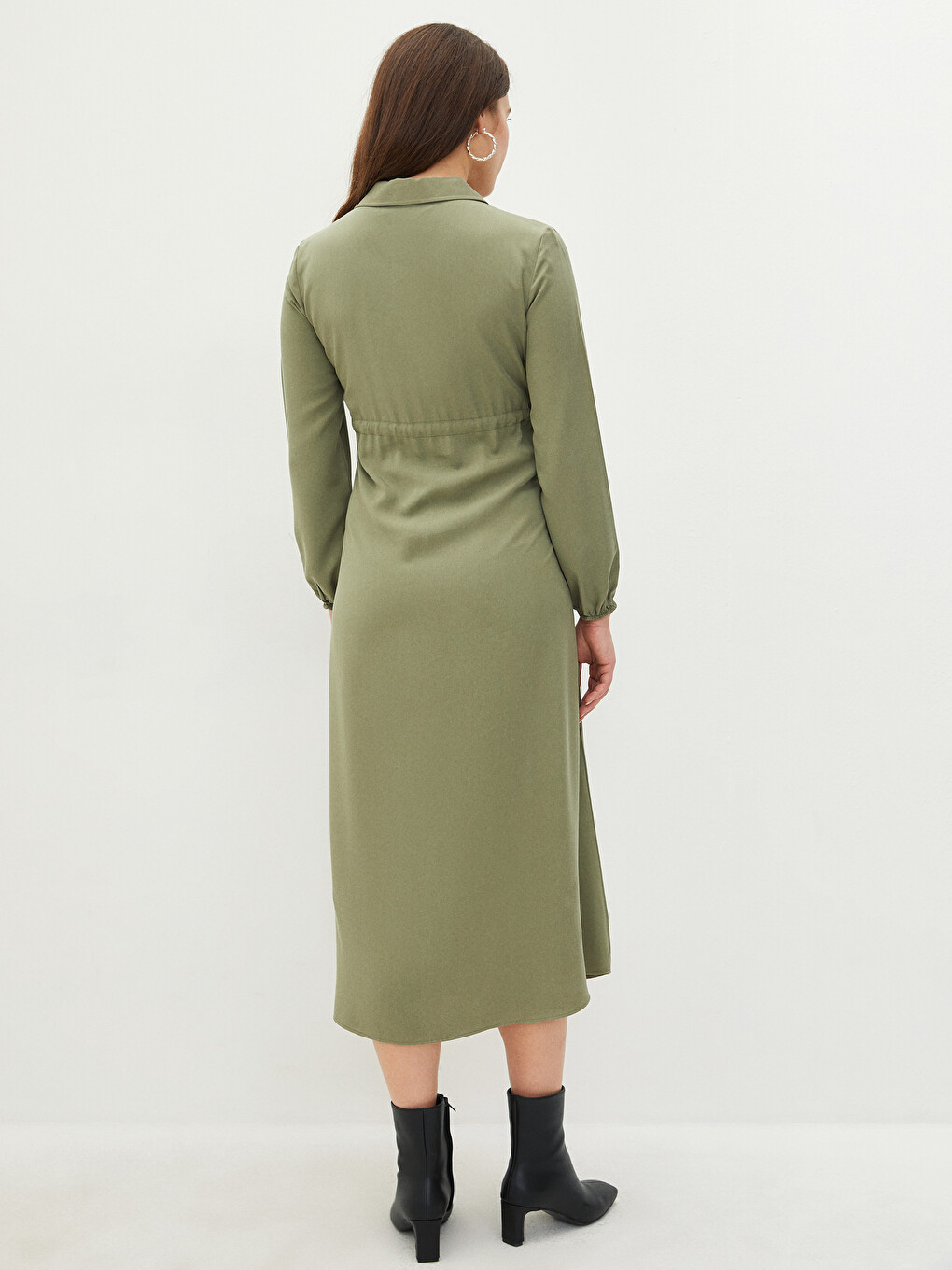 Shirt Collar Plain Tie Detailed Long Sleeve Maternity Dress-3