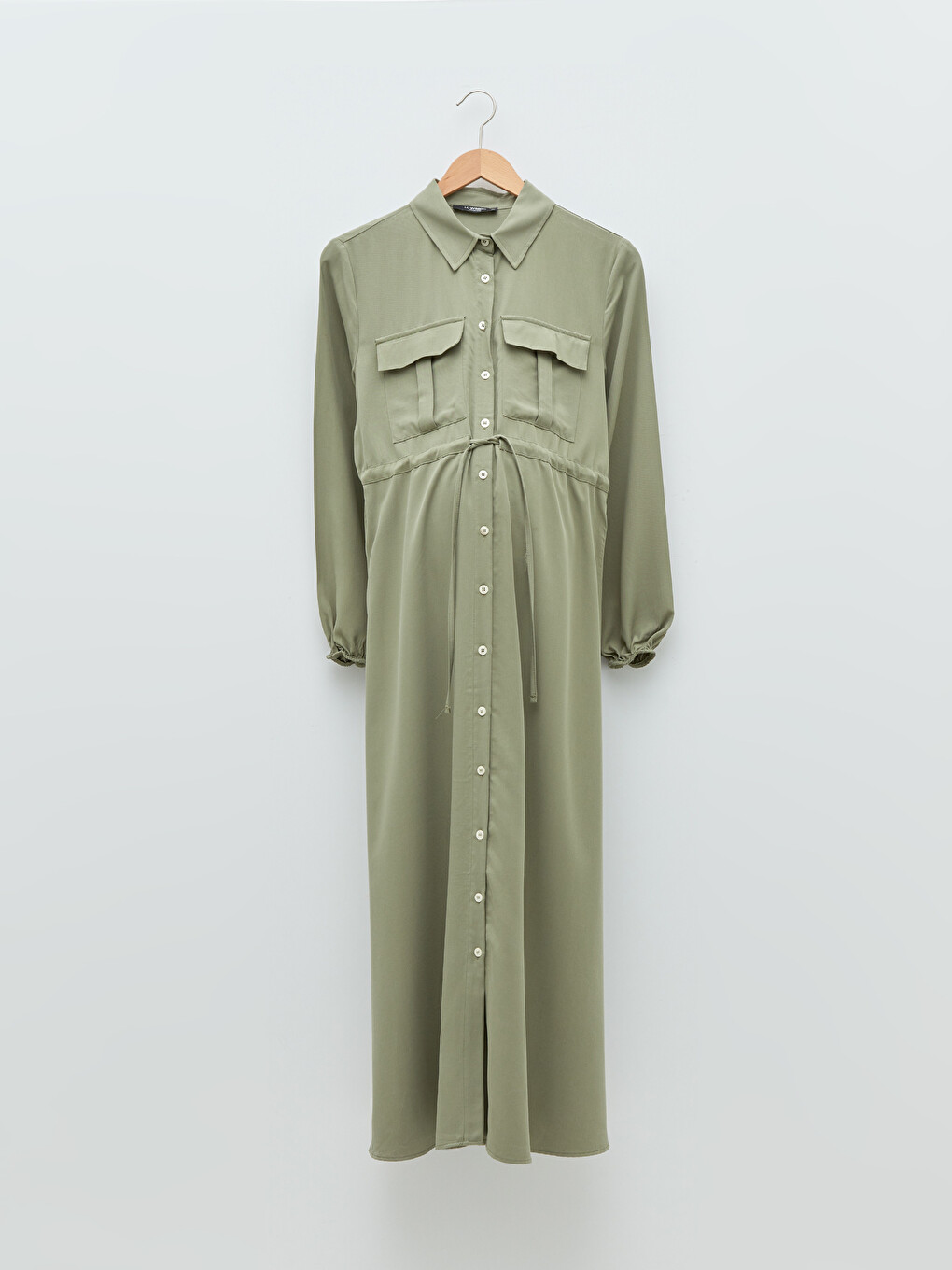 Shirt Collar Plain Tie Detailed Long Sleeve Maternity Dress-4