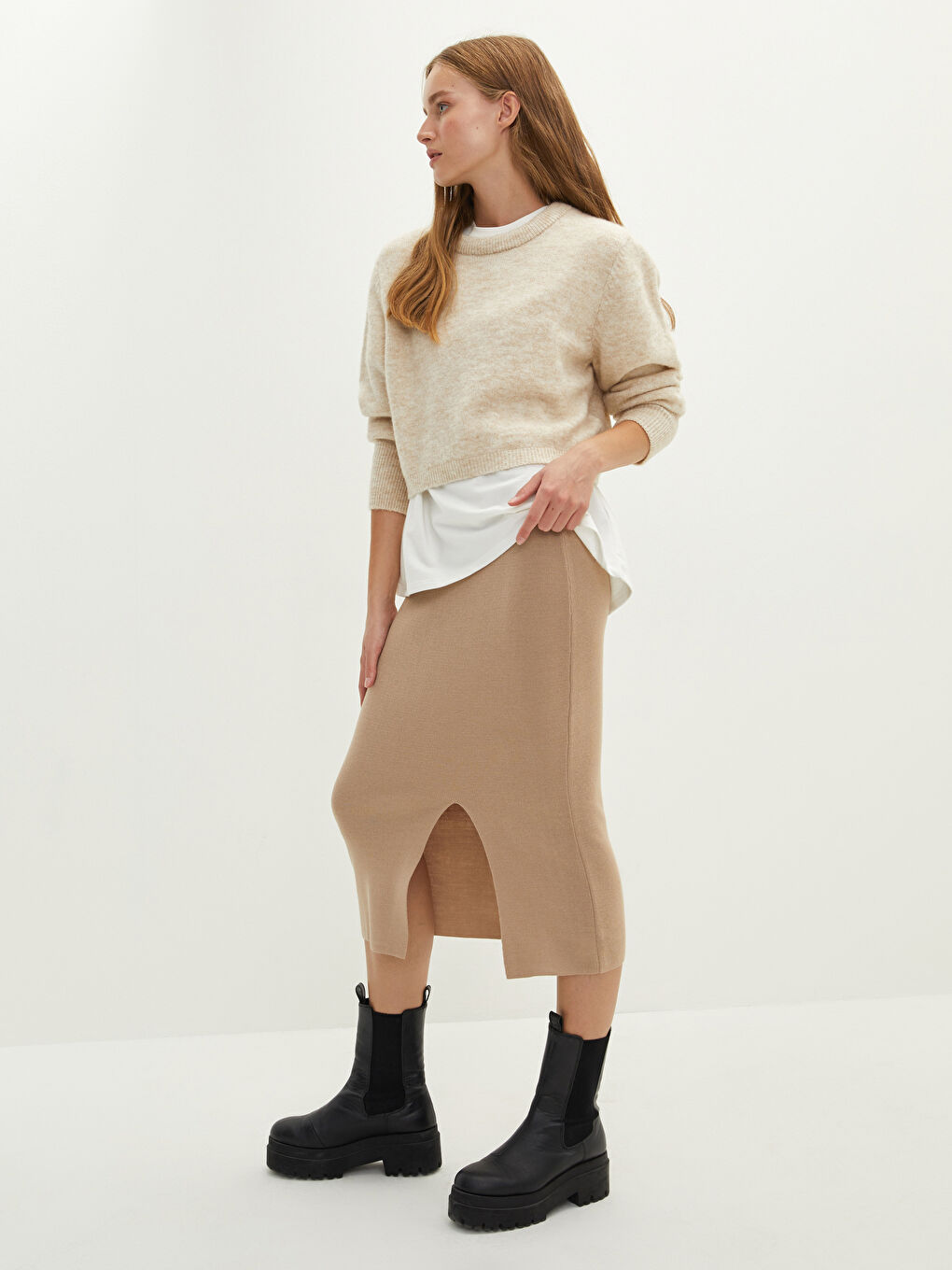 LCW Vision Women's Elasticated Waist Plain Knitwear Skirt -W1HO28Z8-D4N