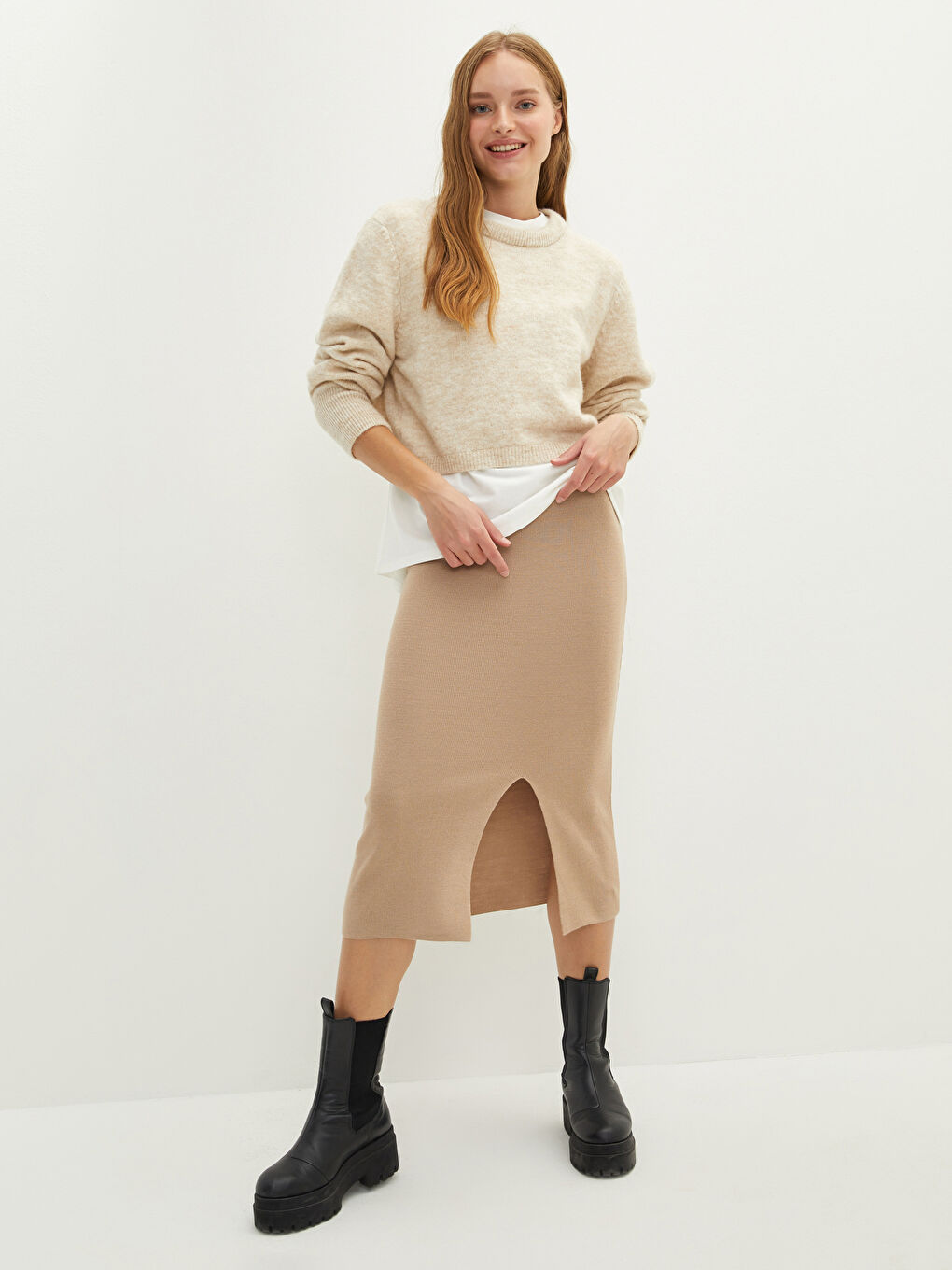 LCW Vision Women's Elasticated Waist Plain Knitwear Skirt -W1HO28Z8-D4N