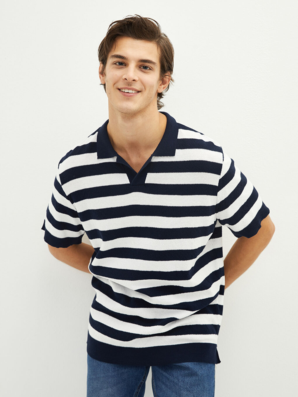 Polo Neck Short Sleeve Striped Men's Knitwear Sweater