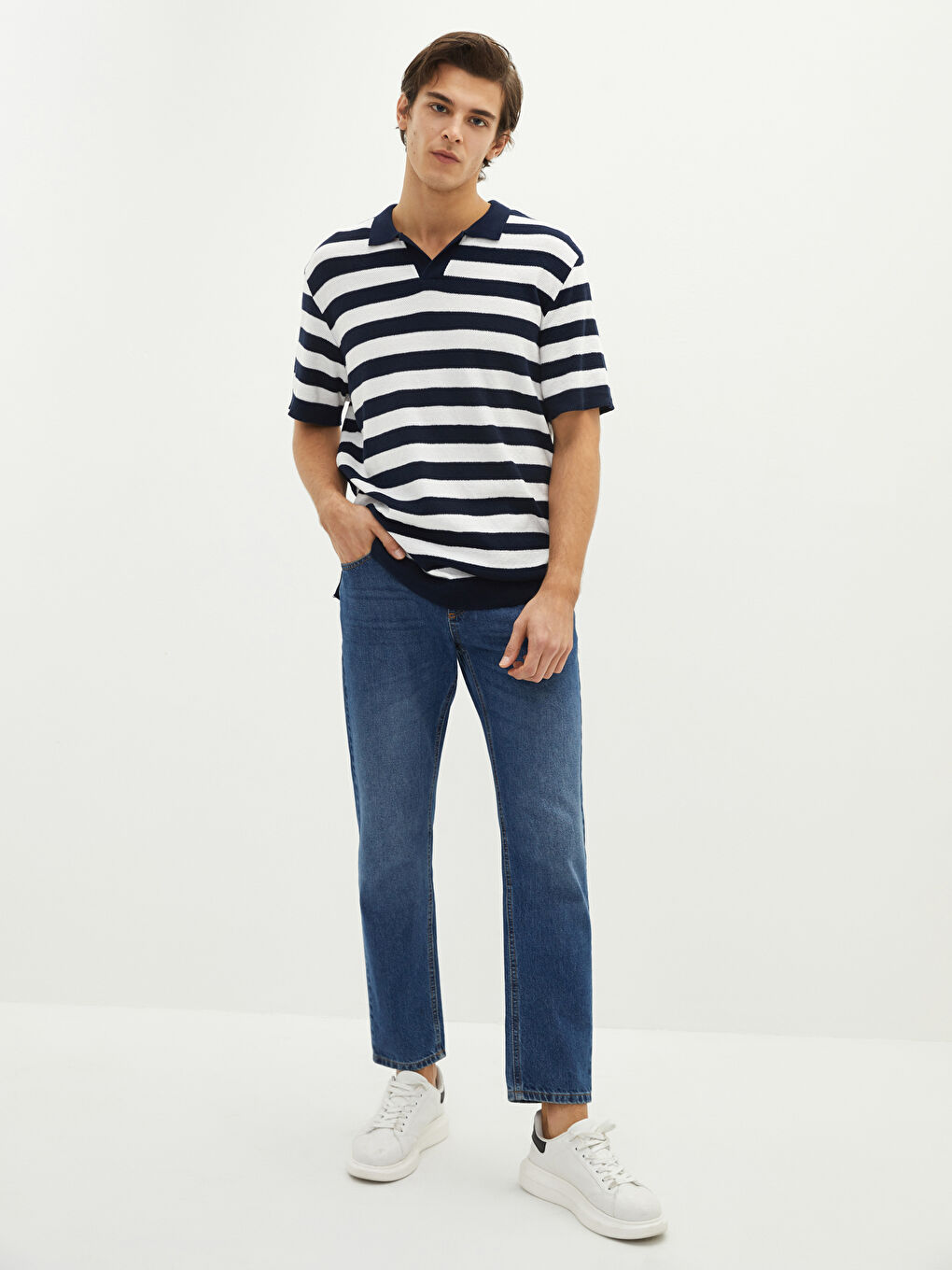 Polo Neck Short Sleeve Striped Men's Knitwear Sweater-2