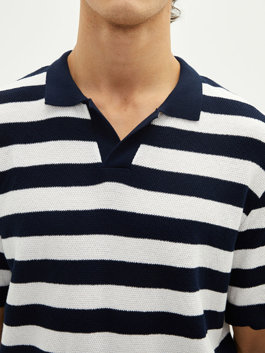 Polo Neck Short Sleeve Striped Men's Knitwear Sweater-3