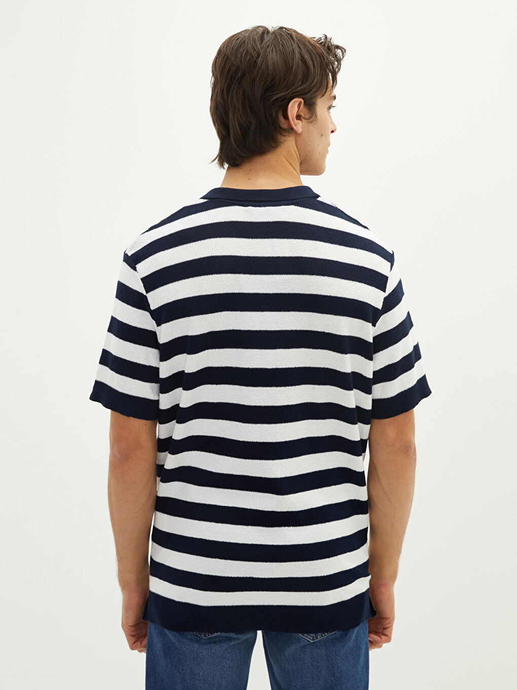Polo Neck Short Sleeve Striped Men's Knitwear Sweater-4