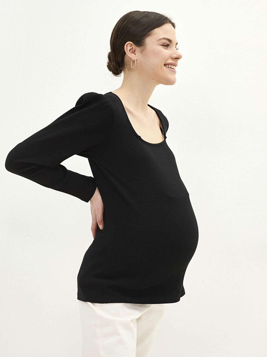 Square Collar Plain Long Sleeve Maternity T-Shirt-1