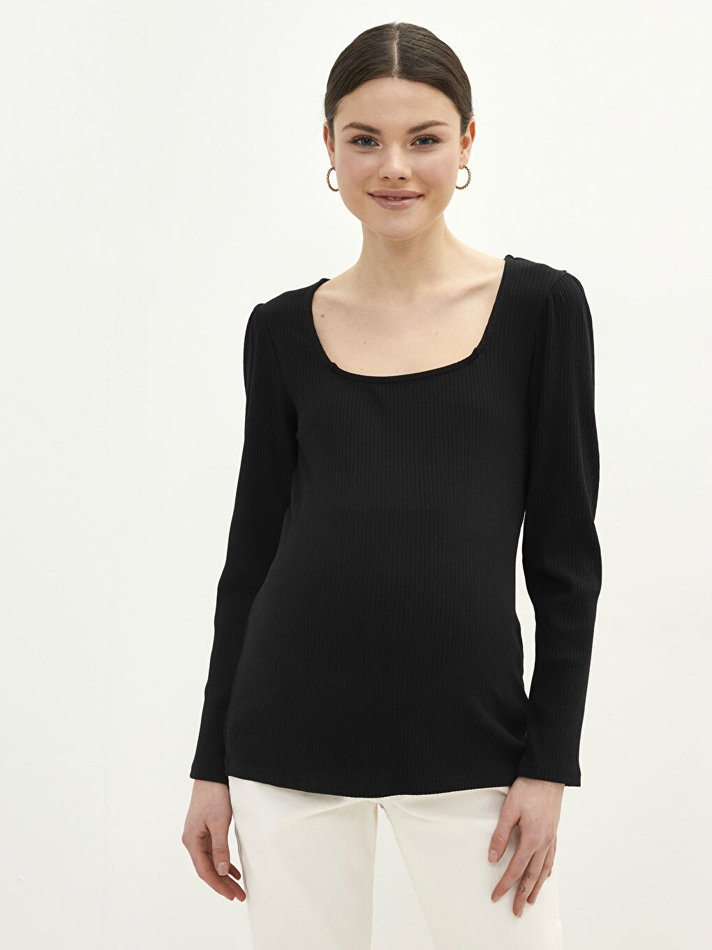 Square Collar Plain Long Sleeve Maternity T-Shirt