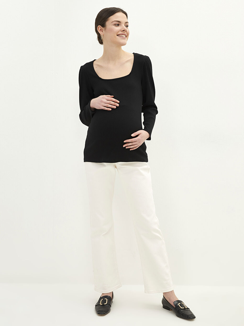 Square Collar Plain Long Sleeve Maternity T-Shirt-2