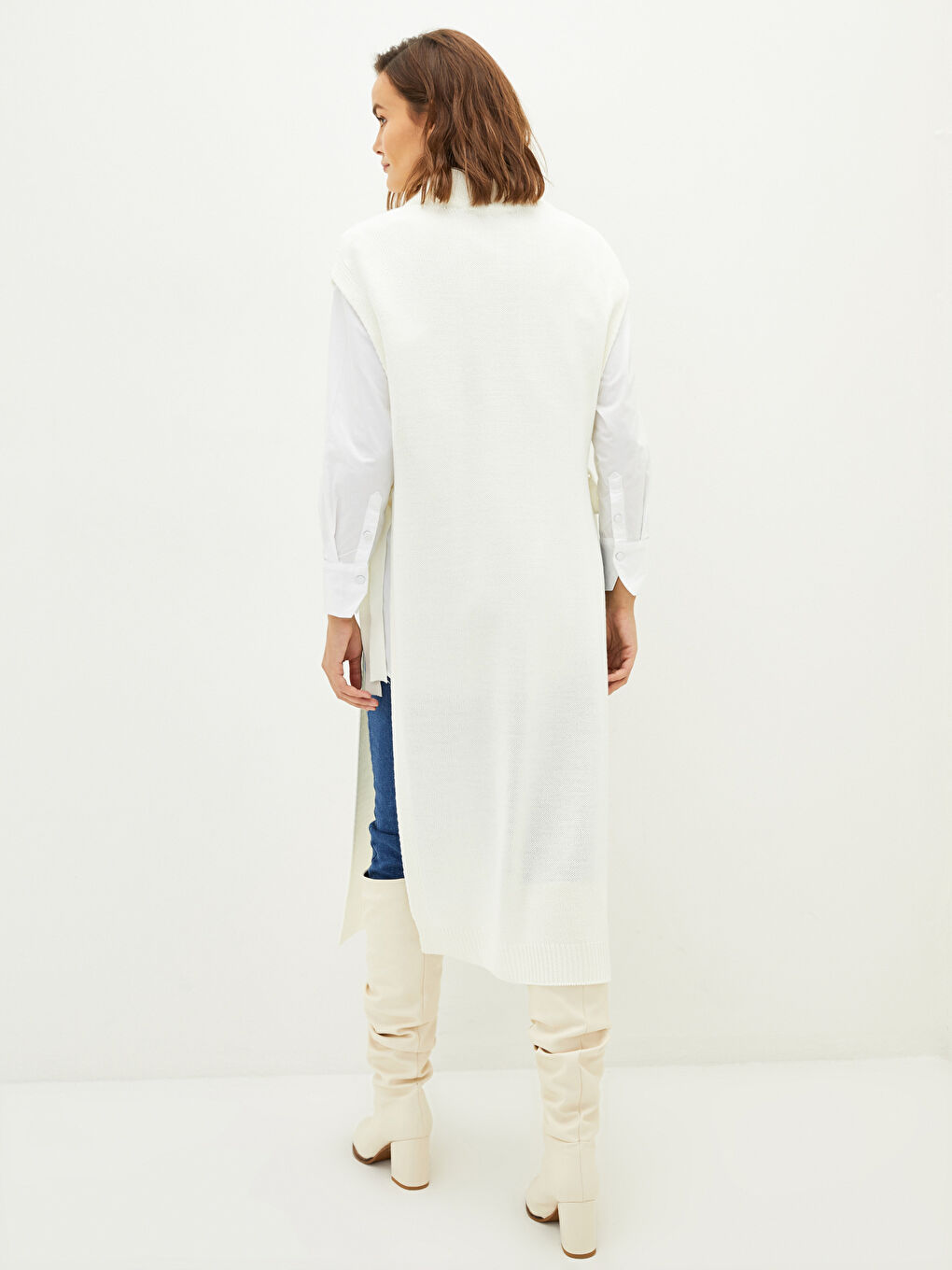 Ekru Kadın Yarım Balıkçı Yaka Düz Triko Panço-3