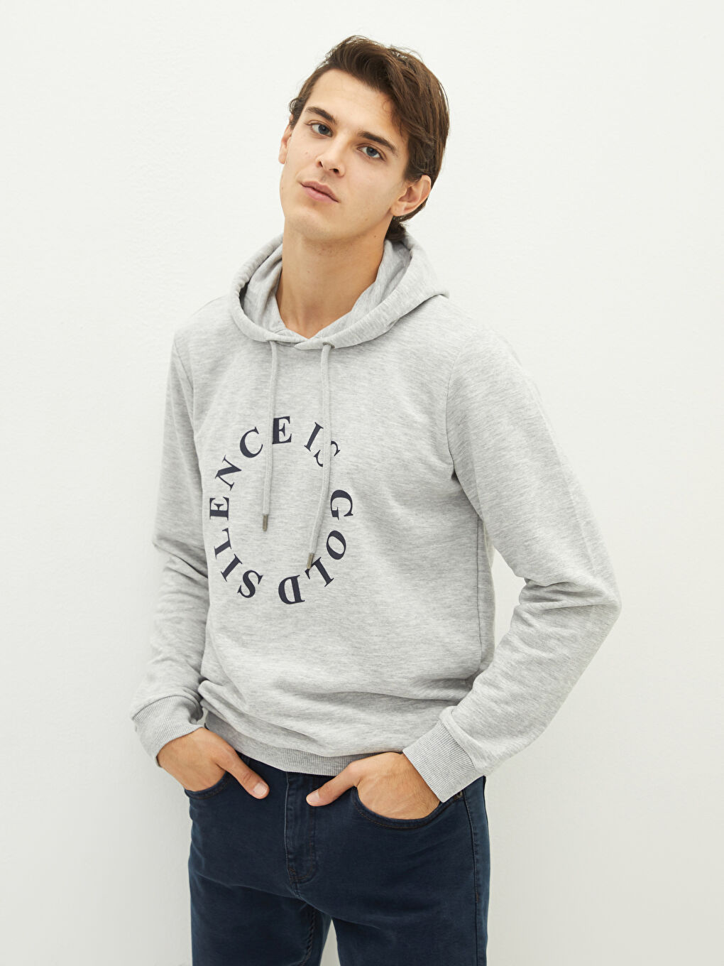 Gri Uzun Kollu Baskılı Erkek Hoodie-1