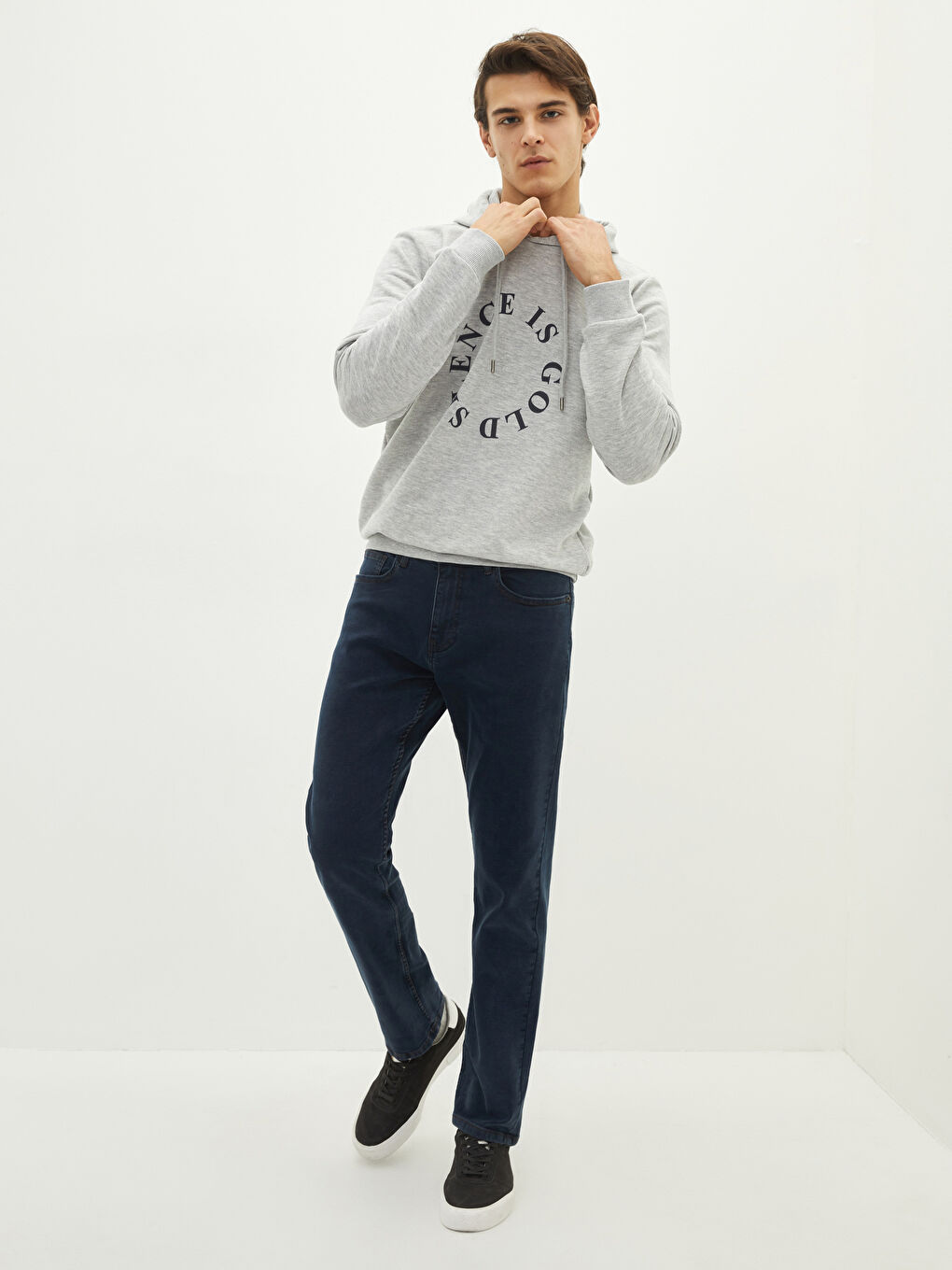 Gri Uzun Kollu Baskılı Erkek Hoodie-2