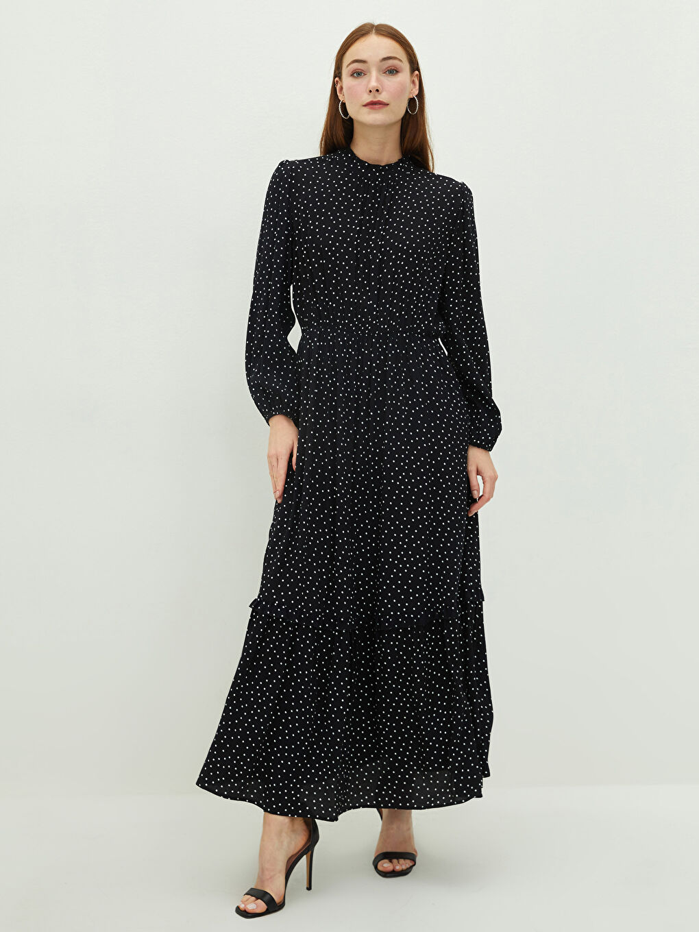 Siyah Fırfırlı Dik Yaka Puantiyeli Uzun Kollu A Kesim Maroken Kumaş Kadın Elbise-1