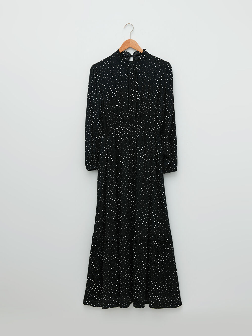 Siyah Fırfırlı Dik Yaka Puantiyeli Uzun Kollu A Kesim Maroken Kumaş Kadın Elbise-5