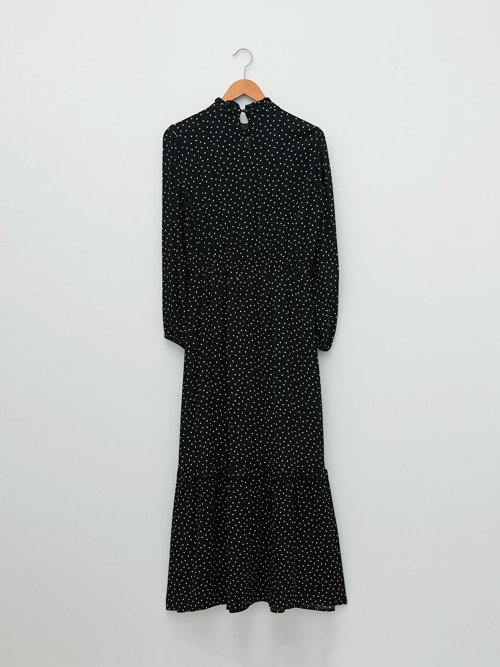 Siyah Fırfırlı Dik Yaka Puantiyeli Uzun Kollu A Kesim Maroken Kumaş Kadın Elbise-6