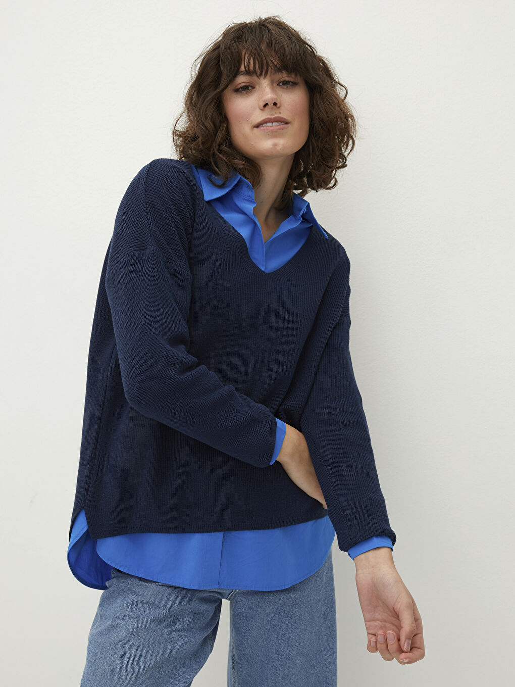 LCW Vision V-Ausschnitt Schlichter Langarm Damen Strickpullover -W1HP83Z8-H6C