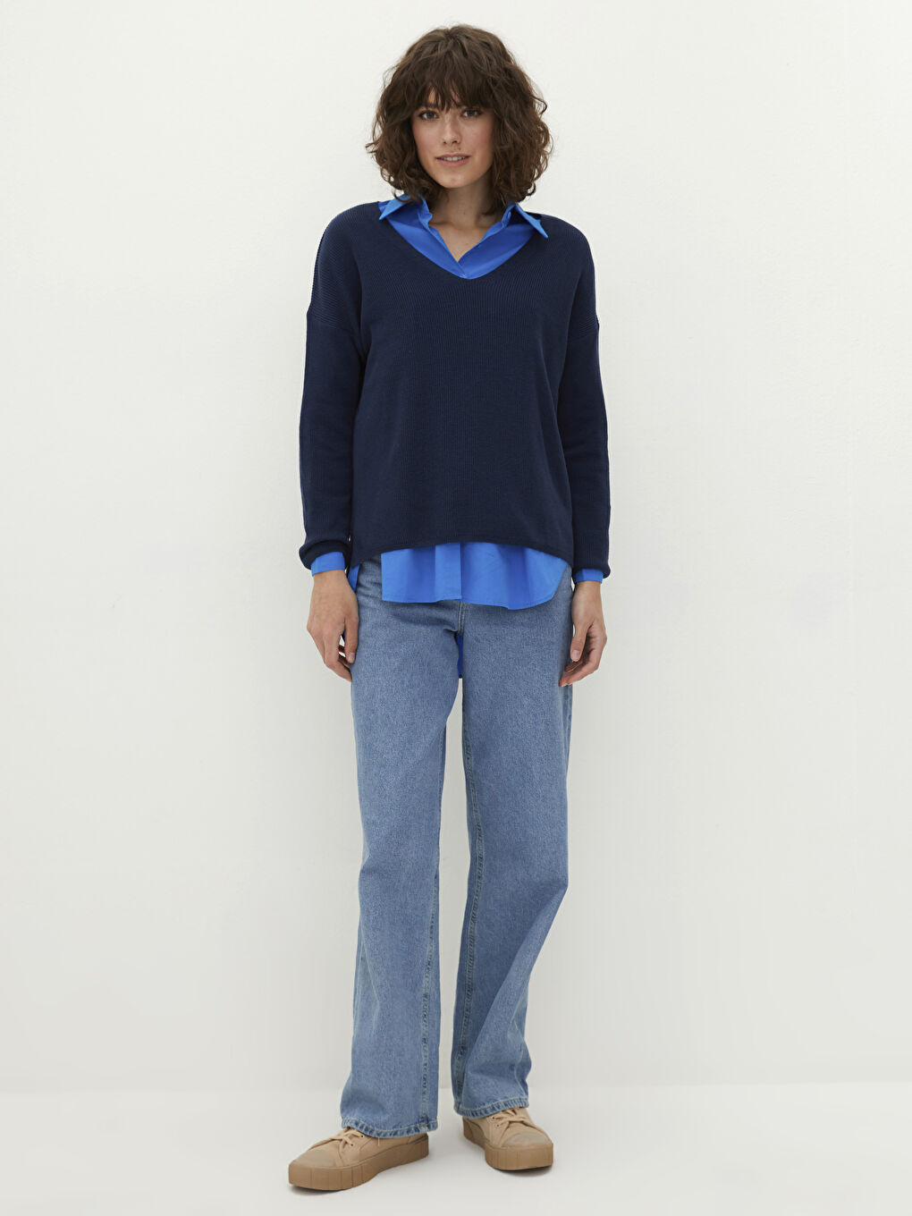 LCW Vision V-Ausschnitt Schlichter Langarm Damen Strickpullover -W1HP83Z8-H6C