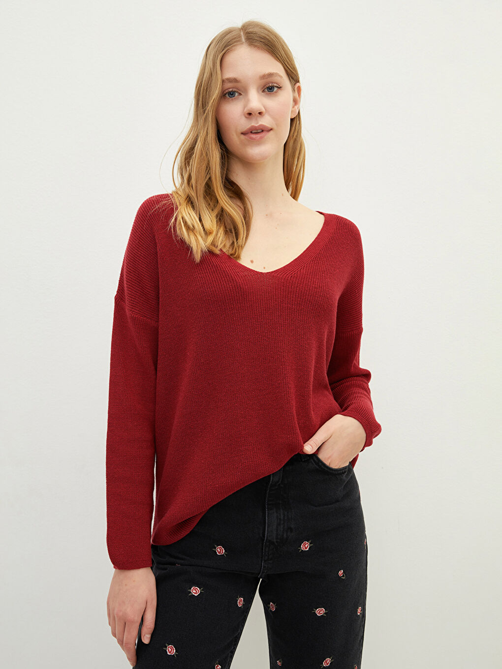 LCW Vision V-Ausschnitt Schlichter Langarm Damen Strickpullover -W1HP83Z8-HQG