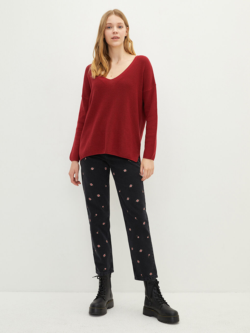 LCW Vision V-Ausschnitt Schlichter Langarm Damen Strickpullover -W1HP83Z8-HQG