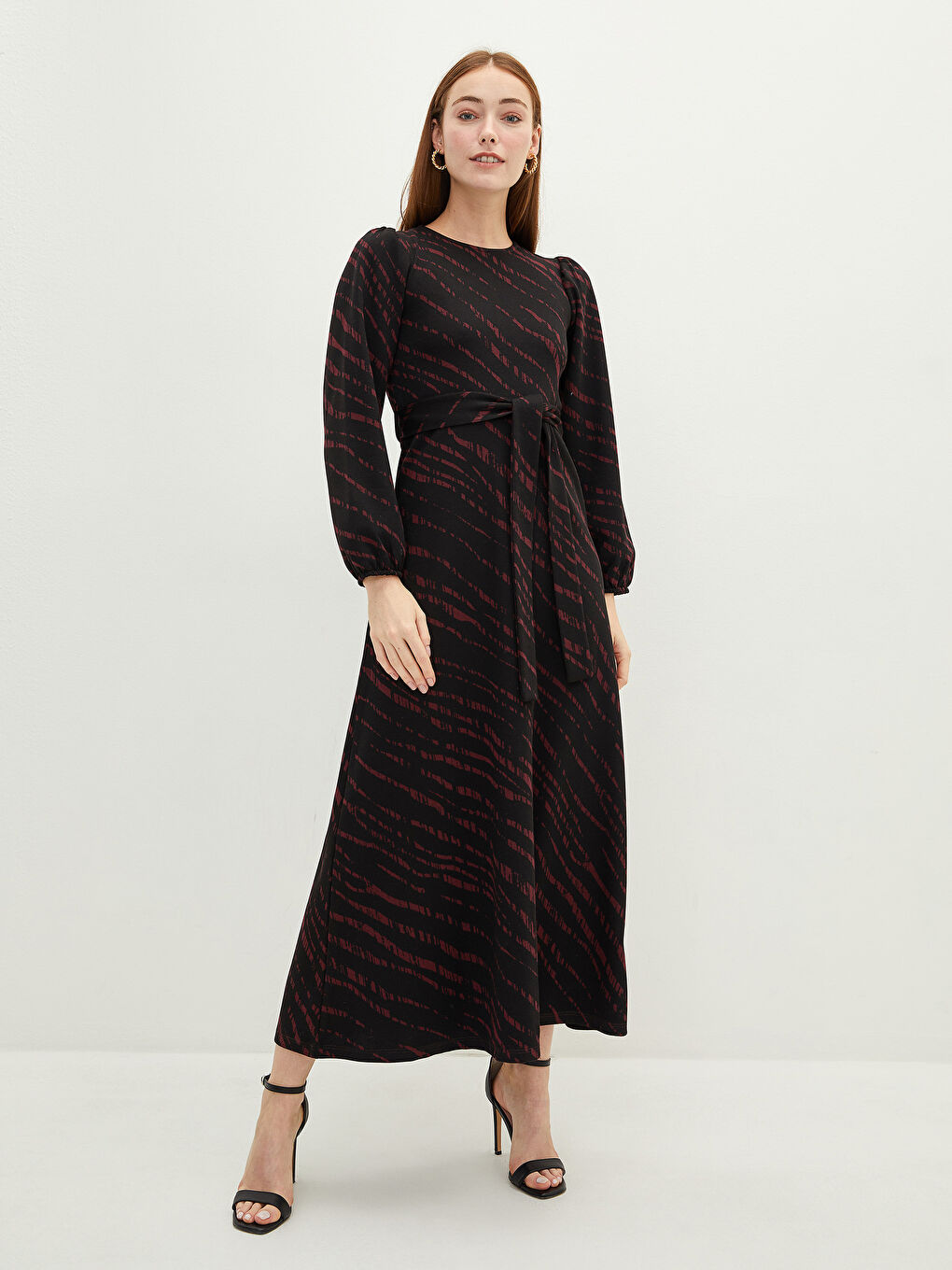 Kırmızı Bisiklet Yaka Baskılı Uzun Kollu Kadın Elbise-1