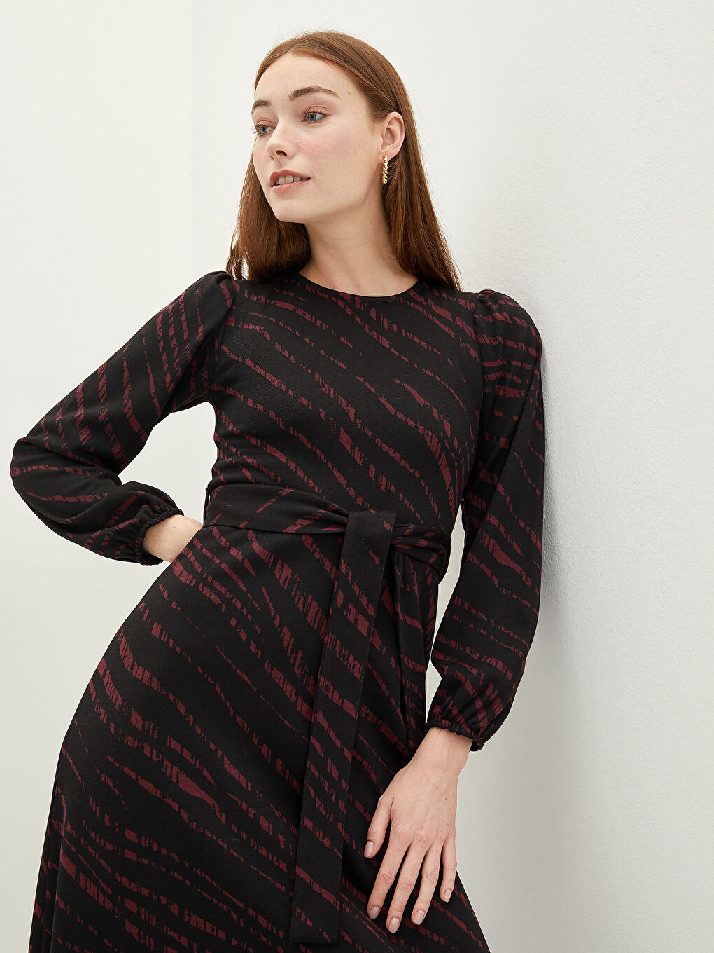 Kırmızı Bisiklet Yaka Baskılı Uzun Kollu Kadın Elbise-2