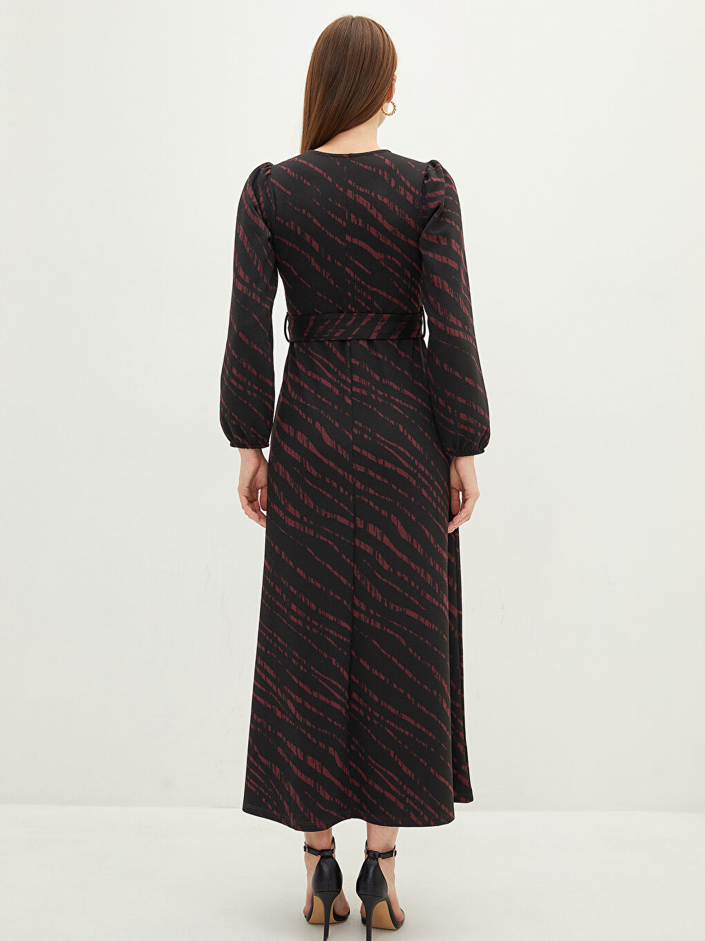 Kırmızı Bisiklet Yaka Baskılı Uzun Kollu Kadın Elbise-4