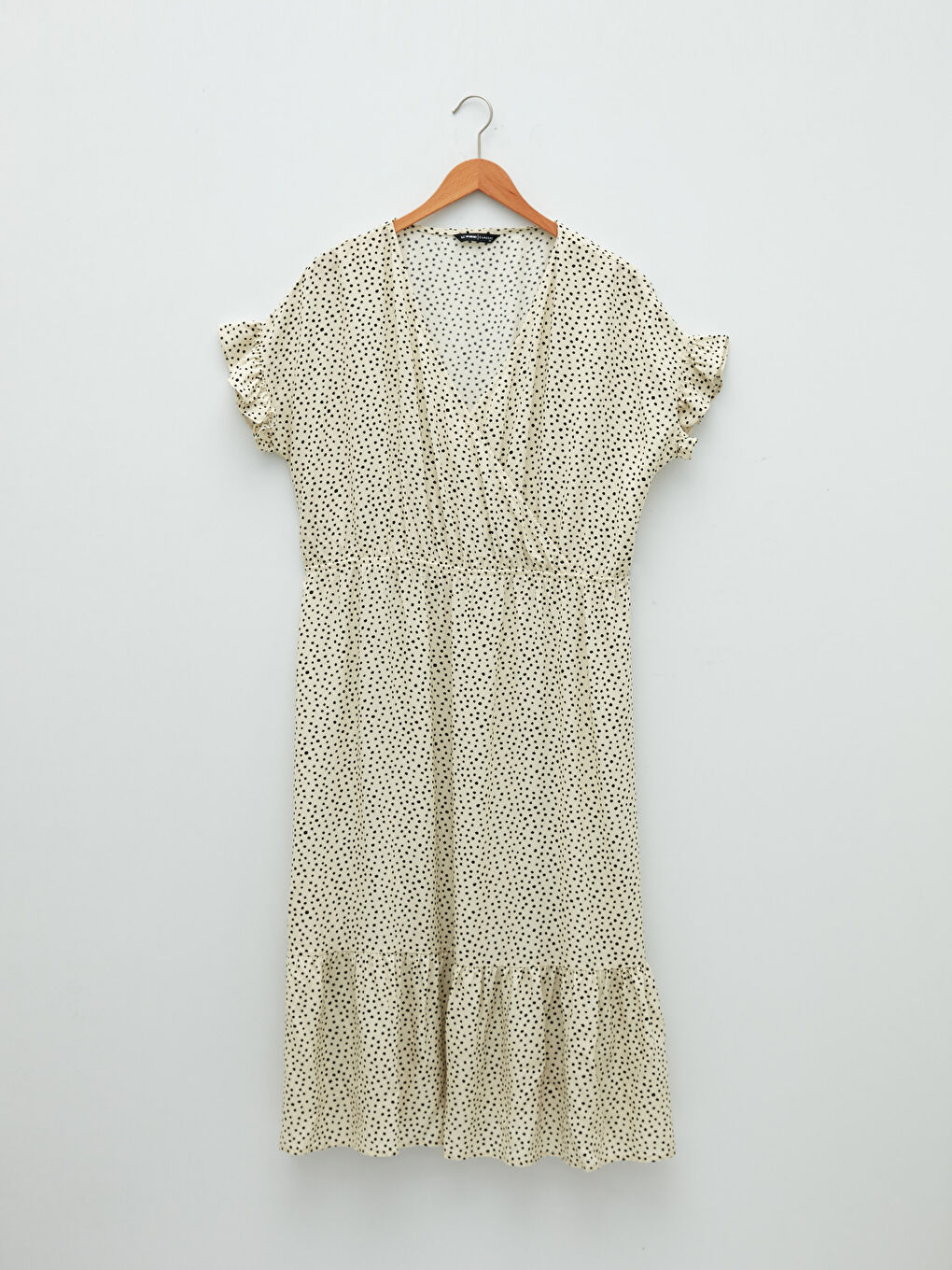 Siyah Kruvaze Yaka Puantiyeli Kısa Kollu Viskon Kadın Elbise-5