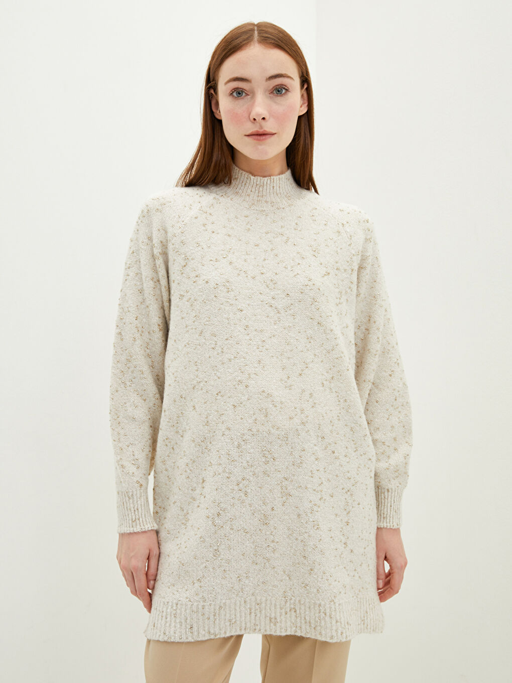 تونيك تريكو كم طويل منقوش بياقة هاي نيك أوفراسايز للسيدات