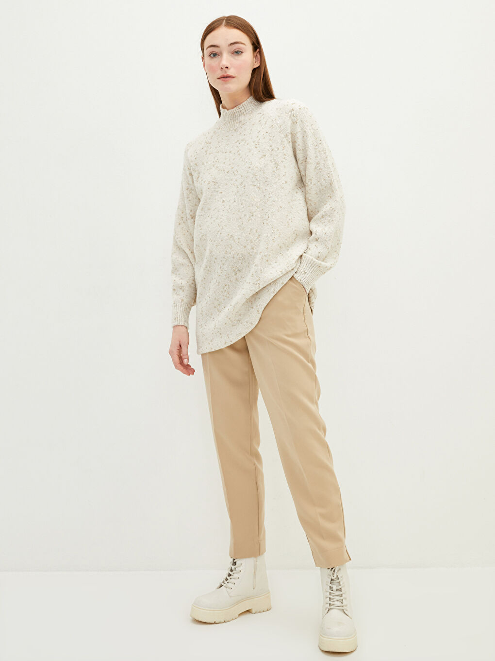 تونيك تريكو كم طويل منقوش بياقة هاي نيك أوفراسايز للسيدات-1