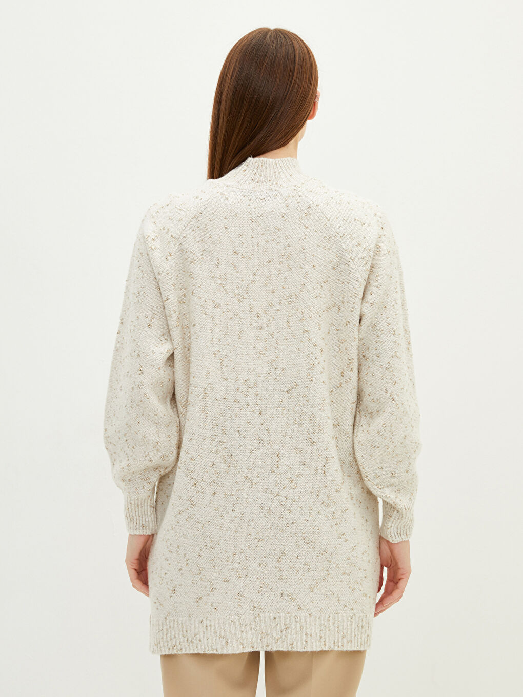 تونيك تريكو كم طويل منقوش بياقة هاي نيك أوفراسايز للسيدات-3