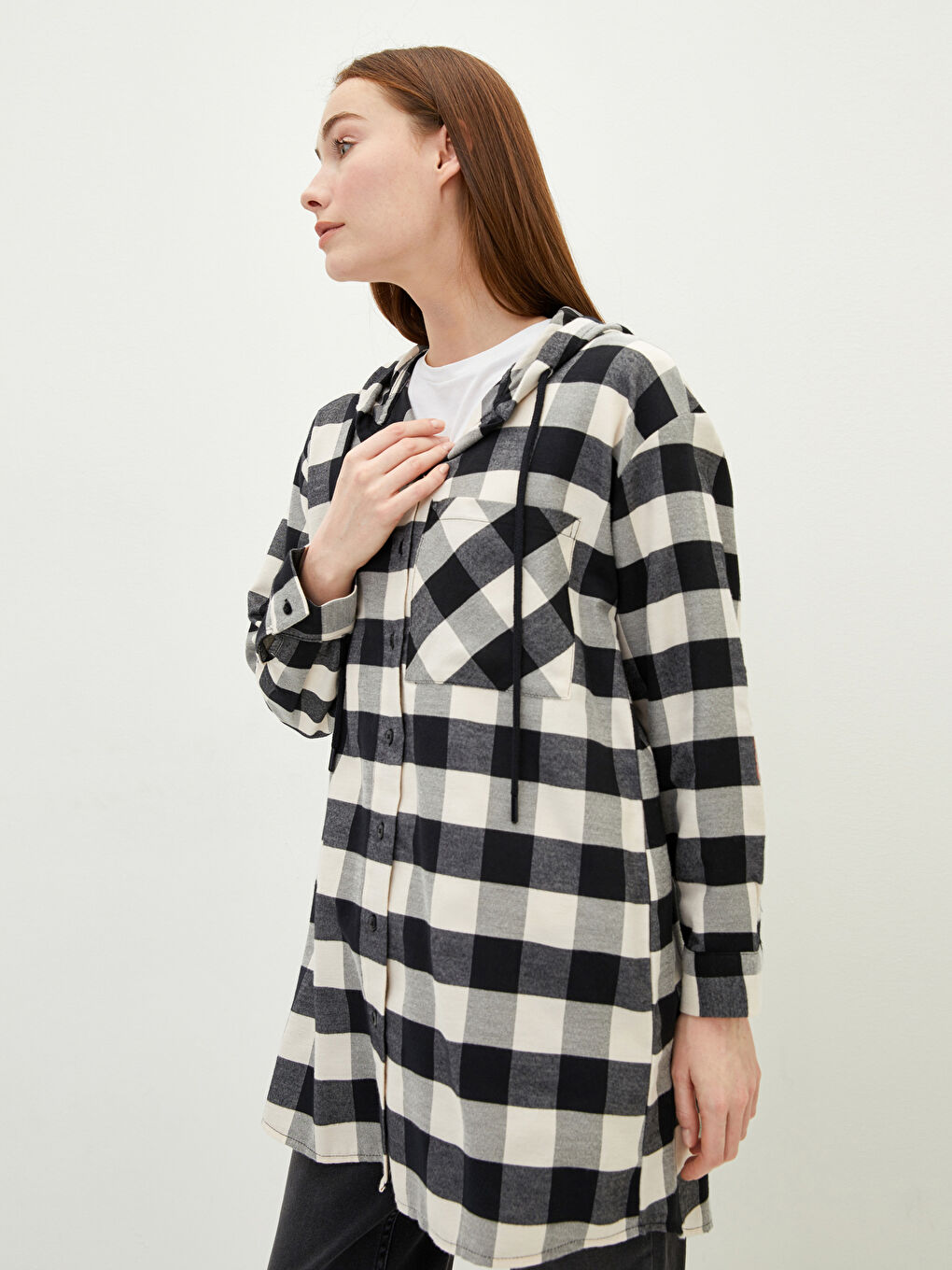 Hooded Plaid Pocket Detailed Long Sleeve Women's Tunic