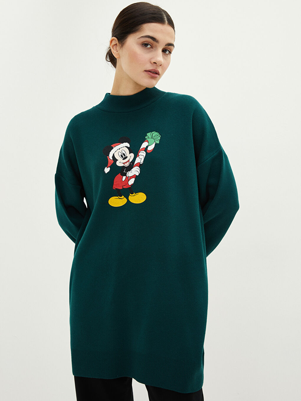 LCW Modest Dik Yaka Mickey Mouse Baskılı Uzun Kollu Kadın Triko Tunik -W1HQ50Z8-RZX
